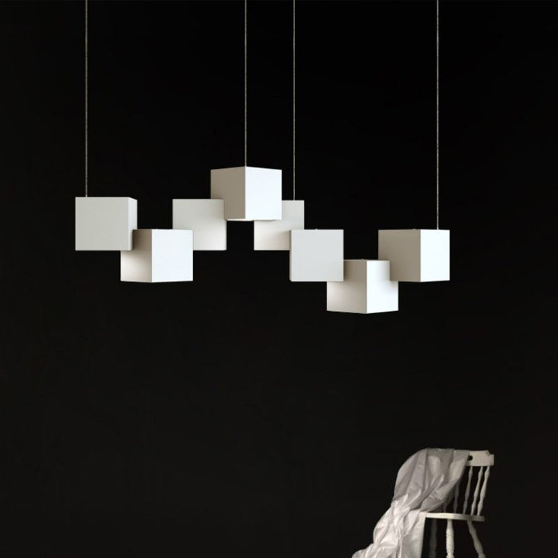 Modernist Cube Ceiling Light - Black/White Spliced 8 Lights Metal Led Pendant Lamp In White/Warm