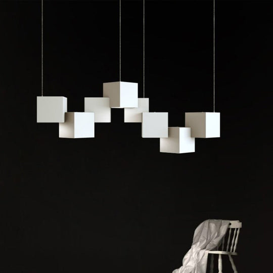 Modernist Cube Ceiling Light - Black/White Spliced 8 Lights Metal Led Pendant Lamp In White/Warm