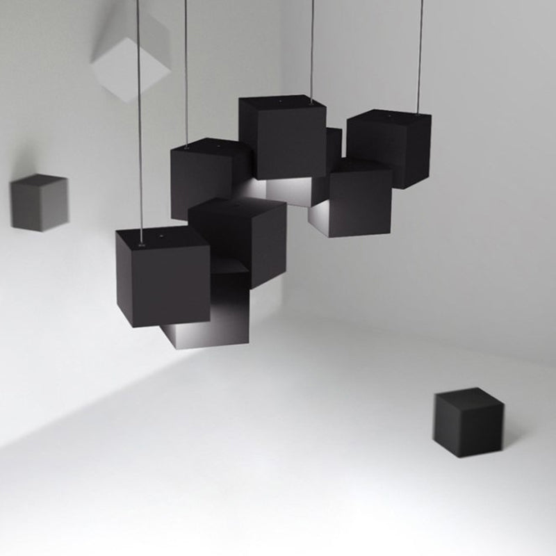 Modernist Cube Ceiling Light - 8-Light Metal Led Pendant Lamp Black/White Spliced White/Warm