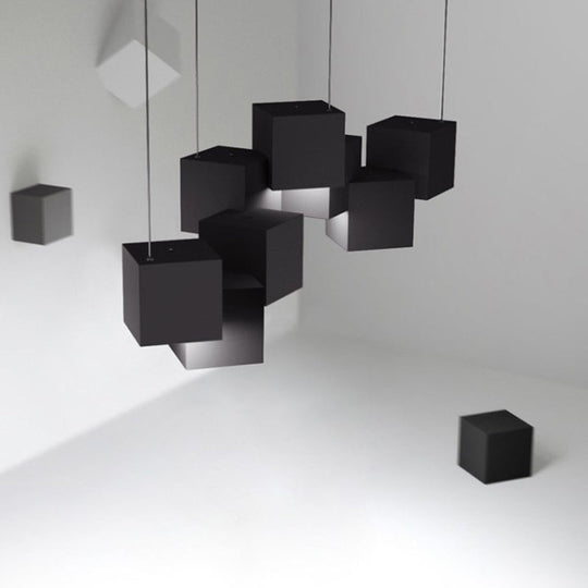 Modernist Cube Ceiling Light - 8-Light Metal Led Pendant Lamp Black/White Spliced White/Warm