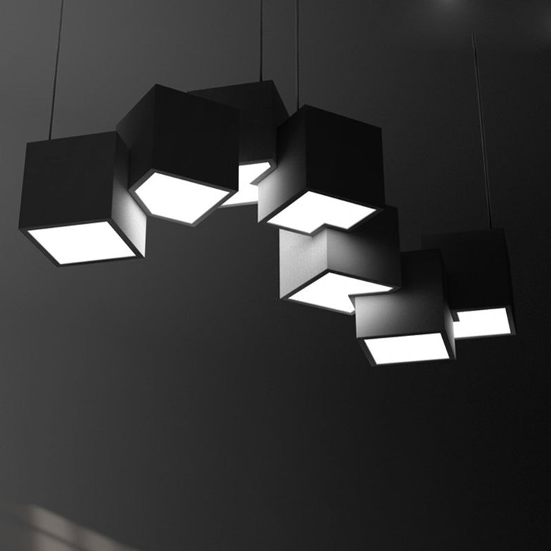 Modernist Cube Ceiling Light - 8-Light Metal Led Pendant Lamp Black/White Spliced White/Warm