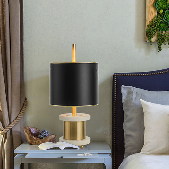 Modern Black Marble Reading Lamp With Fabric Drum Shade - Sleek Night Table Light 1 Head