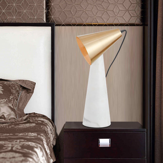 Minimalist Conical White Table Lamp - 1 Light Marble Nightstand With Metal Shade