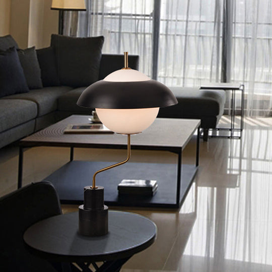Modern Saucer Metallic Table Light - Black Desk Lamp With Opal Glass Shade For Living Room