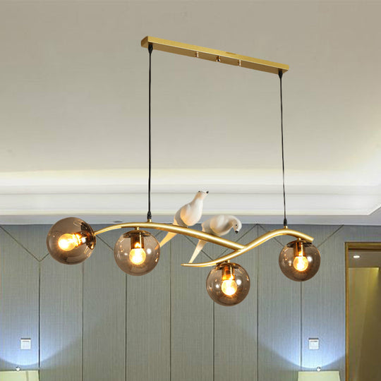 Minimalist Glass Globe Chandelier Light With Birds Deco - 4 Suspension Pendant In Milk White/Smoke
