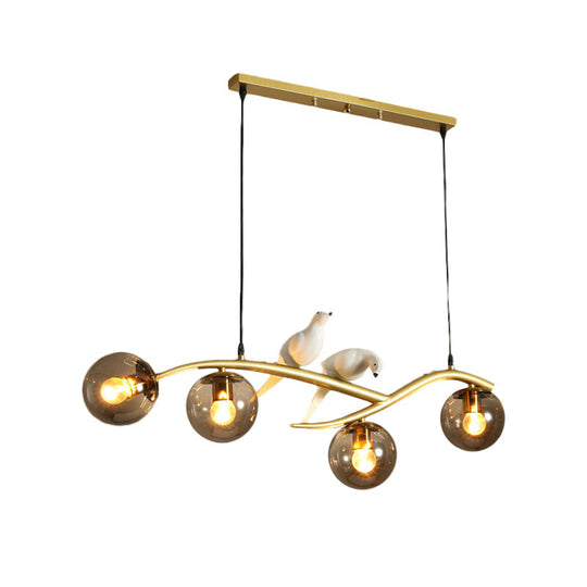 Minimalist Glass Globe Chandelier Light With Birds Deco - 4 Suspension Pendant In Milk White/Smoke