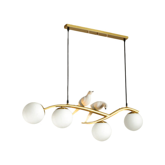 Minimalist Glass Globe Chandelier Light With Birds Deco - 4 Suspension Pendant In Milk White/Smoke