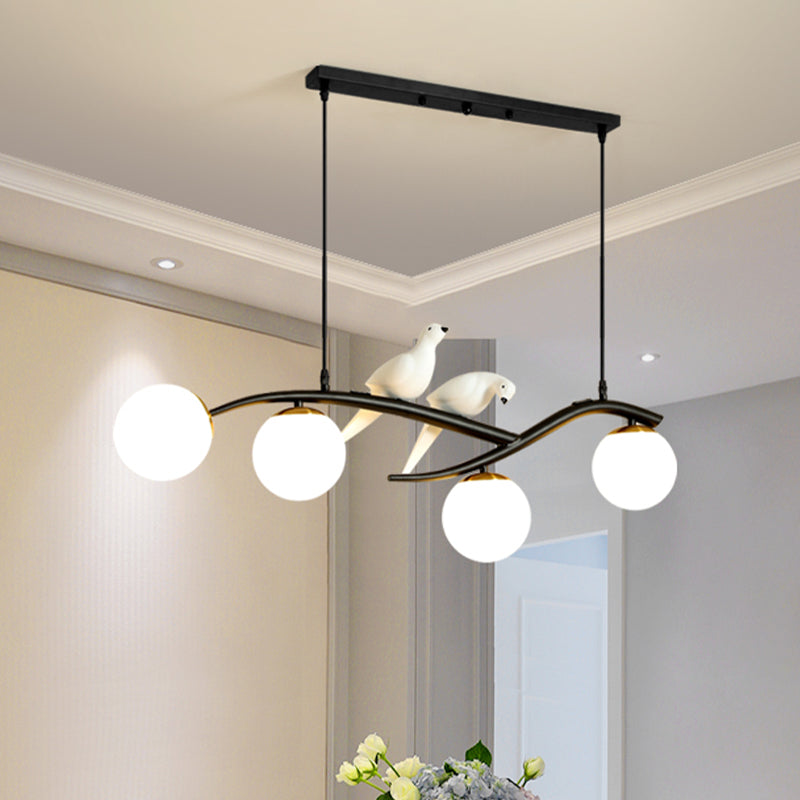 Globe Chandelier Light - Milk White/Smoke Grey Glass Minimal 4 Lights Black/Gold Finish Birds Deco