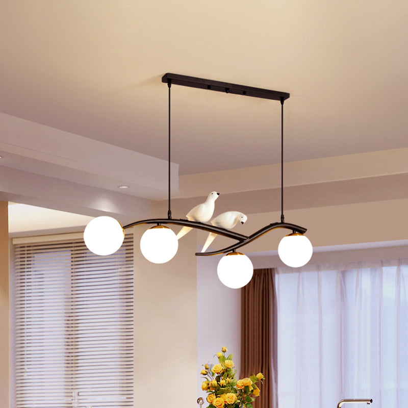 Globe Chandelier Light - Milk White/Smoke Grey Glass Minimal 4 Lights Black/Gold Finish Birds Deco