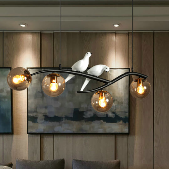 Globe Chandelier Light - Milk White/Smoke Grey Glass Minimal 4 Lights Black/Gold Finish Birds Deco