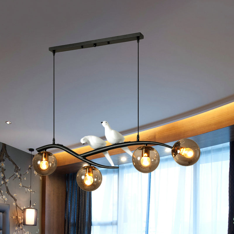 Globe Chandelier Light - Milk White/Smoke Grey Glass Minimal 4 Lights Black/Gold Finish Birds Deco
