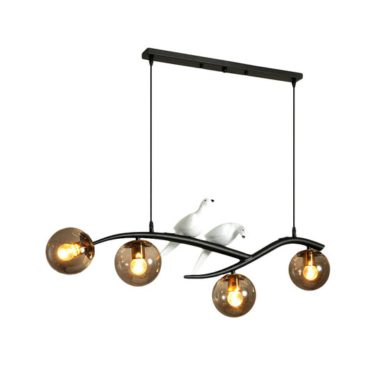 Globe Chandelier Light - Milk White/Smoke Grey Glass Minimal 4 Lights Black/Gold Finish Birds Deco