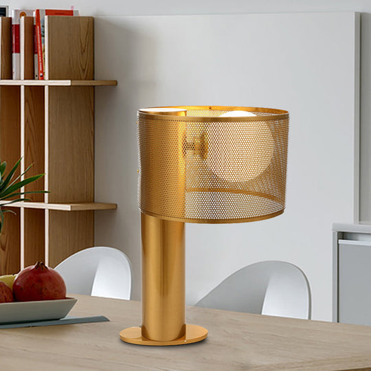 Gold Metal Drum Mesh Night Table Lamp With Opal Glass Shade