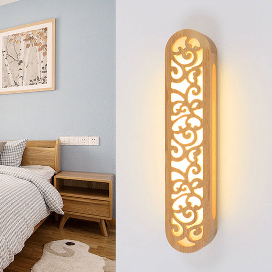 Chinese Style Beige Led Flush Wall Sconce With Carved Wood Shade