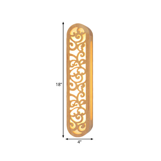 Chinese Style Beige Led Flush Wall Sconce With Carved Wood Shade