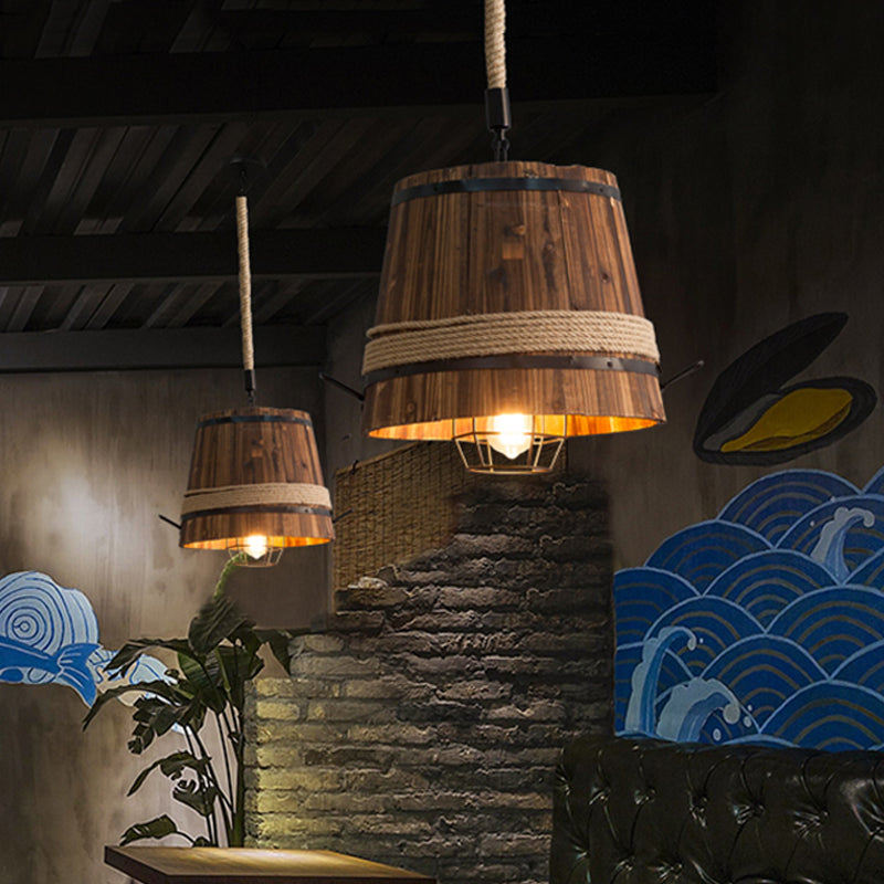 Farmhouse Bucket Shade Wood Pendant Light With Rope Rod - 1-Light Suspension Lamp