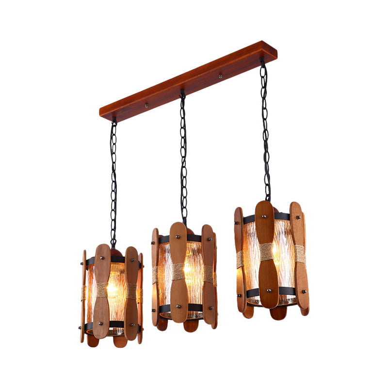 Retro Yellow Water Glass Pendant Light With Wood Panel Design - 3 Heads Cluster Brown Dining Room