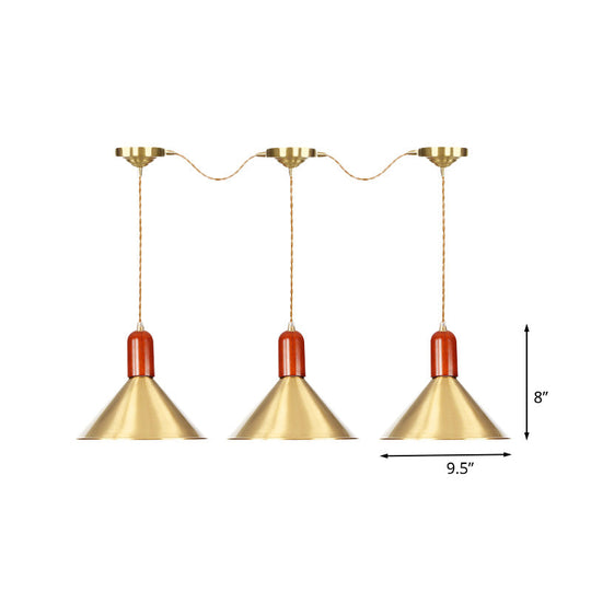 Industrial Tandem Pendant Ceiling Lamp - Conical Metallic Gold Finish 3/5/7 Lights