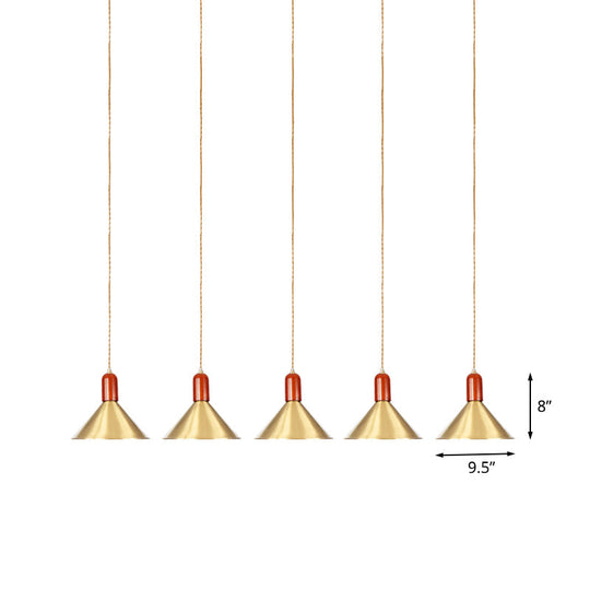 Industrial Tandem Pendant Ceiling Lamp - Conical Metallic Gold Finish 3/5/7 Lights