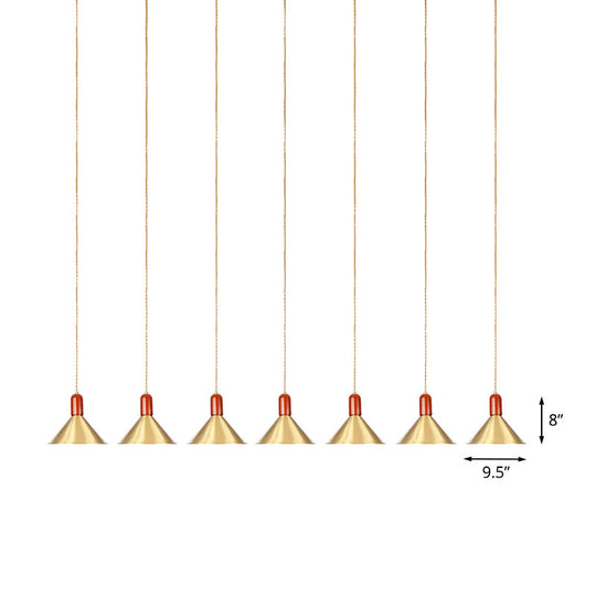 Industrial Tandem Pendant Ceiling Lamp - Conical Metallic Gold Finish 3/5/7 Lights
