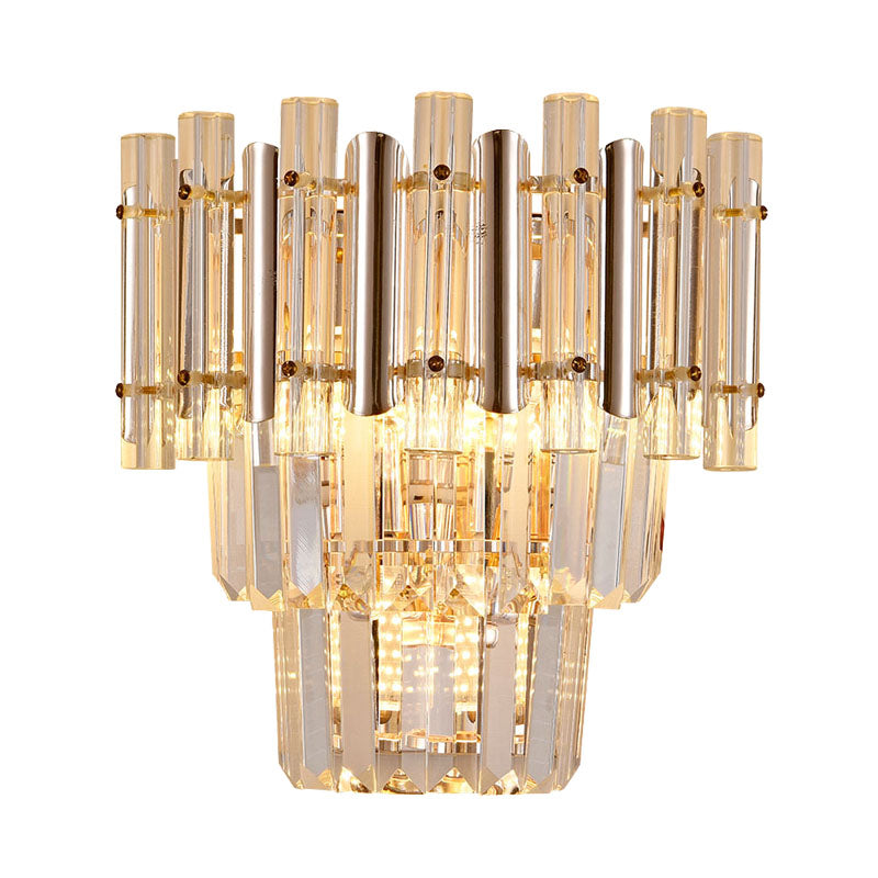 Contemporary Crystal Wall Sconce - Gold Finish Tiered Design 3 Bulbs