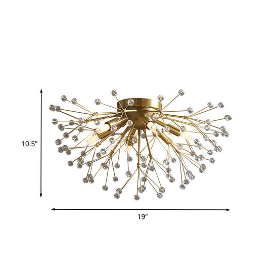 Modernist Metallic Dandelion Flushmount Light In Brass With 3/4/6 Bulbs