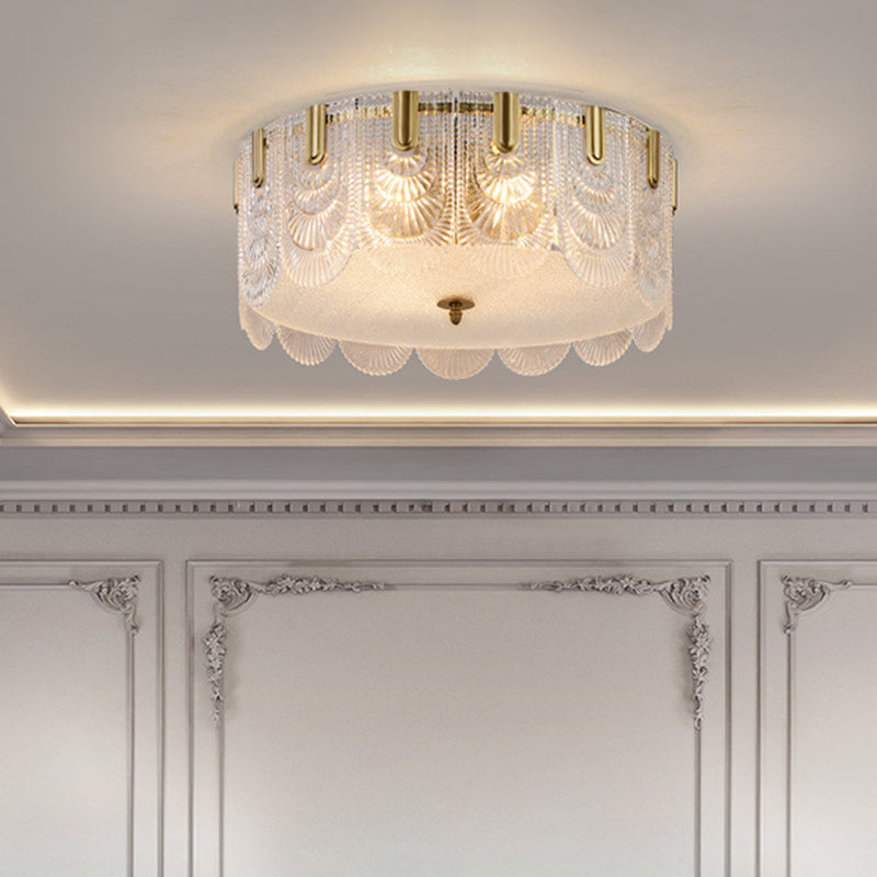 Traditional Drum Flushmount Prism Glass 6-Light Bedroom Ceiling Fixture In Brass