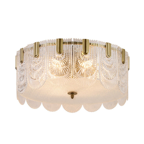Traditional Drum Flushmount Prism Glass 6-Light Bedroom Ceiling Fixture In Brass