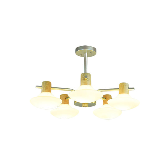 Modern Mushroom Semi Flush Ceiling Lamp With Opal Frosted Glass Wood Finish - 5/6 Head For Bedroom