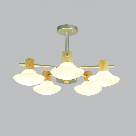 Modern Mushroom Semi Flush Ceiling Lamp With Opal Frosted Glass Wood Finish - 5/6 Head For Bedroom
