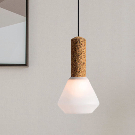Modernist Wood Diamond Pendant Light With Textured White/Smoke Gray Glass Shade