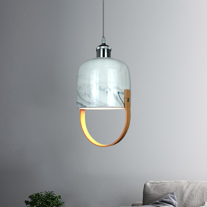 Modernist White Ceramic Pendant Light With Wood Handle
