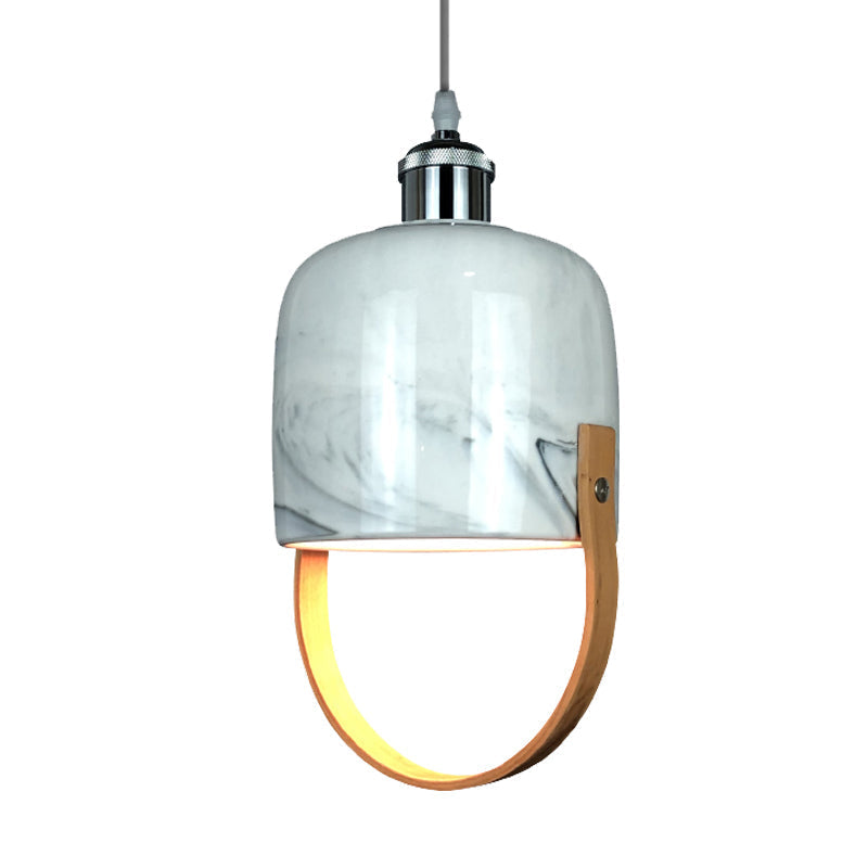 Modernist 1-Head Ceramic Pendant Light With Wood Handle - White Cup Shaped Drop Ceiling Lamp Fixture
