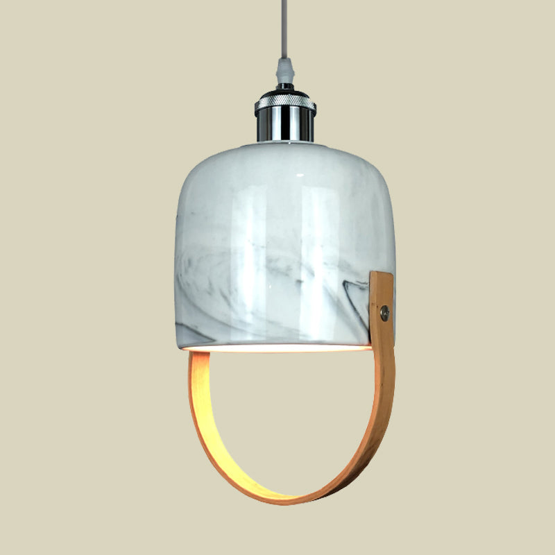 Modernist White Ceramic Pendant Light With Wood Handle
