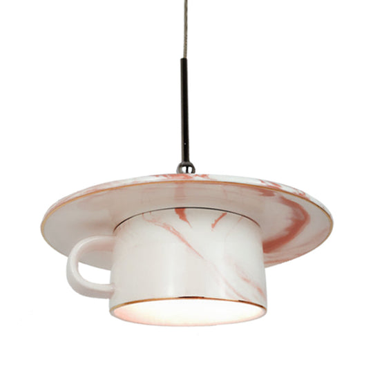 Nordic Pink Coffee Cup Pendant Ceiling Light - Elegant 1-Bulb Led Suspension Lamp For Restaurants