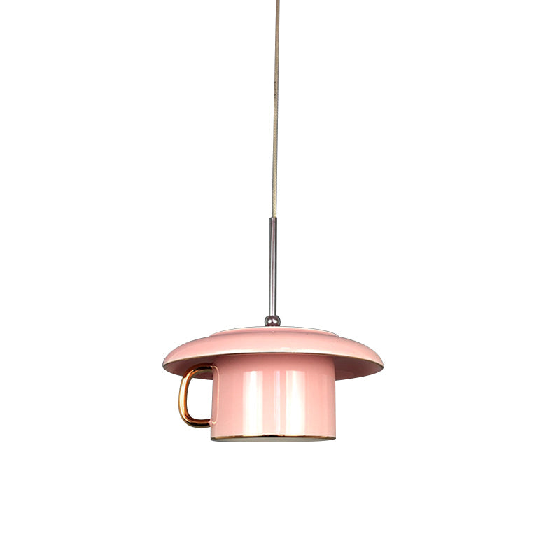 Macaron Ceramic Led Pendant Lamp - Coffee-Cup Shape Down Lighting 1 Bulb White/Pink/Grey Designs For