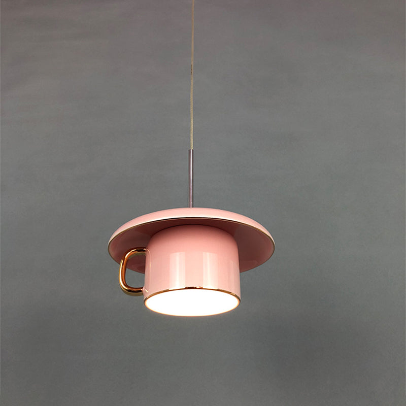 Modern Macaron Coffee-Cup Design Led Suspension Lamp In White/Pink/Grey