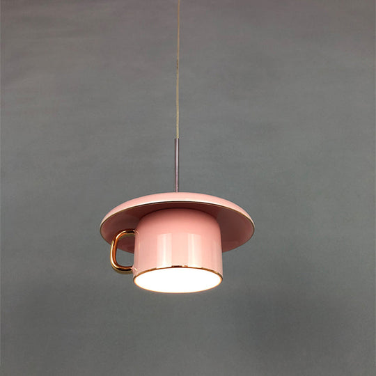 Modern Macaron Coffee-Cup Design Led Suspension Lamp In White/Pink/Grey