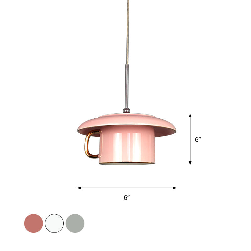Macaron Ceramic Led Pendant Lamp - Coffee-Cup Shape Down Lighting 1 Bulb White/Pink/Grey Designs For