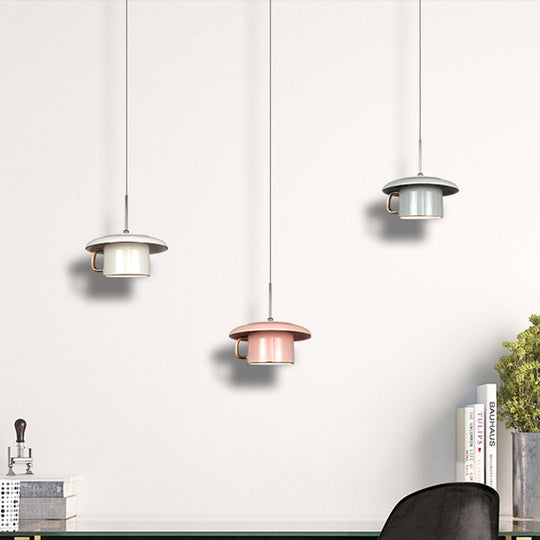 Macaron Ceramic Led Pendant Lamp - Coffee-Cup Shape Down Lighting 1 Bulb White/Pink/Grey Designs For