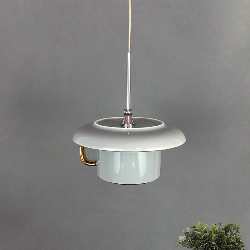 Macaron Ceramic Led Pendant Lamp - Coffee-Cup Shape Down Lighting 1 Bulb White/Pink/Grey Designs For