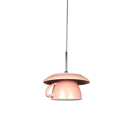 1-Light Macaron Pink/Grey/Green Restaurant Pendant Lamp With Ceramic Coffee Cup Shade Led Hanging