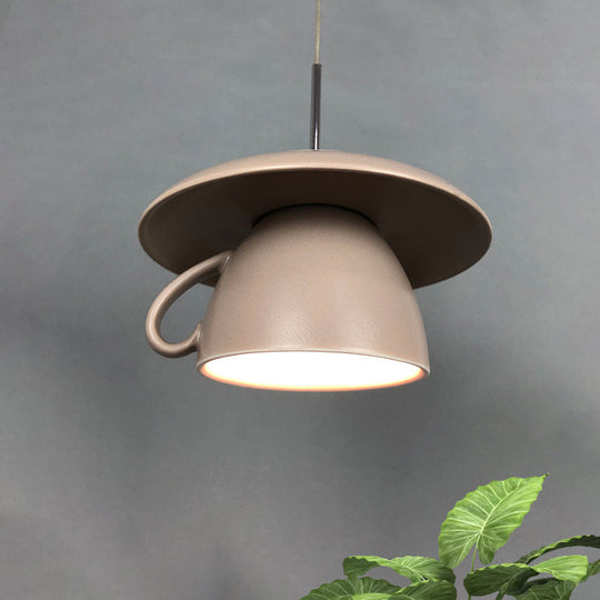 Macaron Pink/Grey/Green Led Pendant Lamp With Coffee Cup Ceramics Shade - Perfect For Restaurants