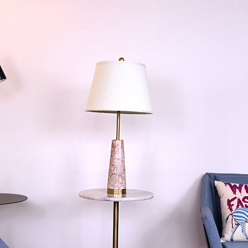 Modernist Marble Cone Nightstand Lamp With Red 1-Head And White Fabric Shade