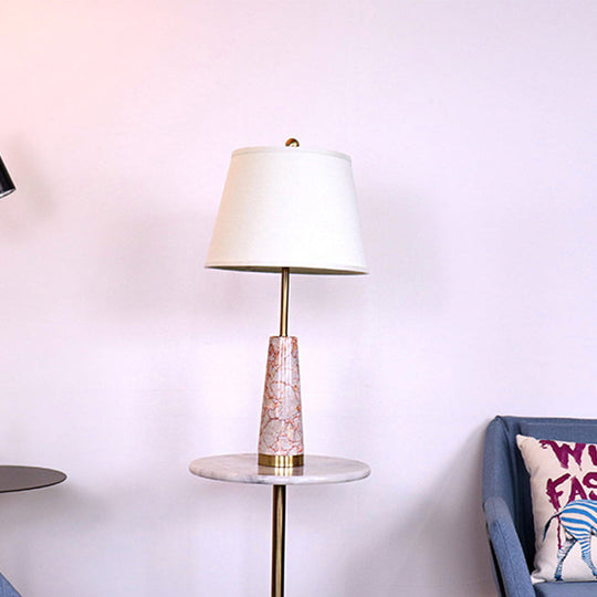 Modernist Marble Cone Nightstand Lamp With Red 1-Head And White Fabric Shade