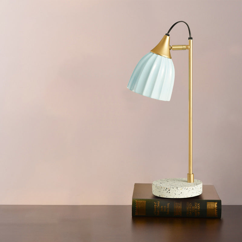 Modern Ribbed Table Lamp With Pink/Sky Blue Dome Gold Arm And Marble Base