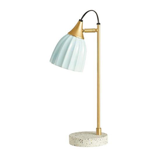 Modern Ribbed Table Lamp With Pink/Sky Blue Dome Gold Arm And Marble Base