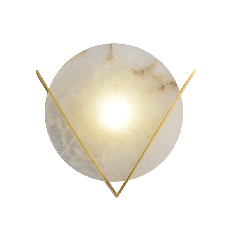 Post-Modern Round Panel Wall Light Sconce - Marble Bedside Lamp Fixture With Brass V Deco