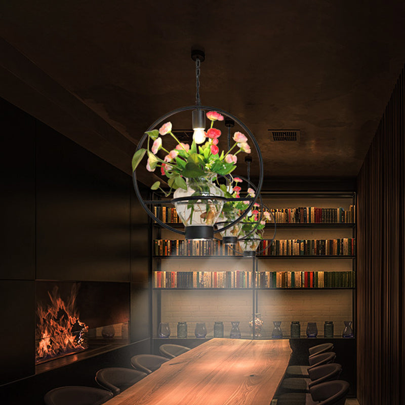 Black Industrial Iron Pendant With Clear Glass Plant Pot: 1 Light Down Lighting Cage Design