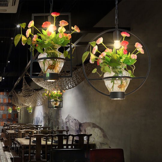 Black Industrial Iron Pendant With Clear Glass Plant Pot: 1 Light Down Lighting Cage Design